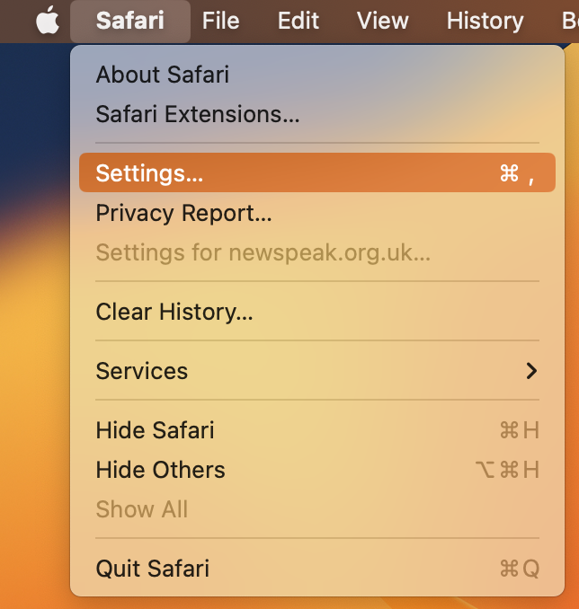 Screenshot of clicking Safari - Settings